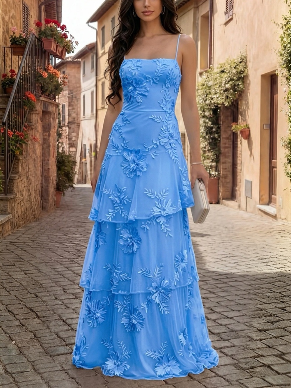 Floral Applique Tiered Maxi Dress with Lace Up Detail